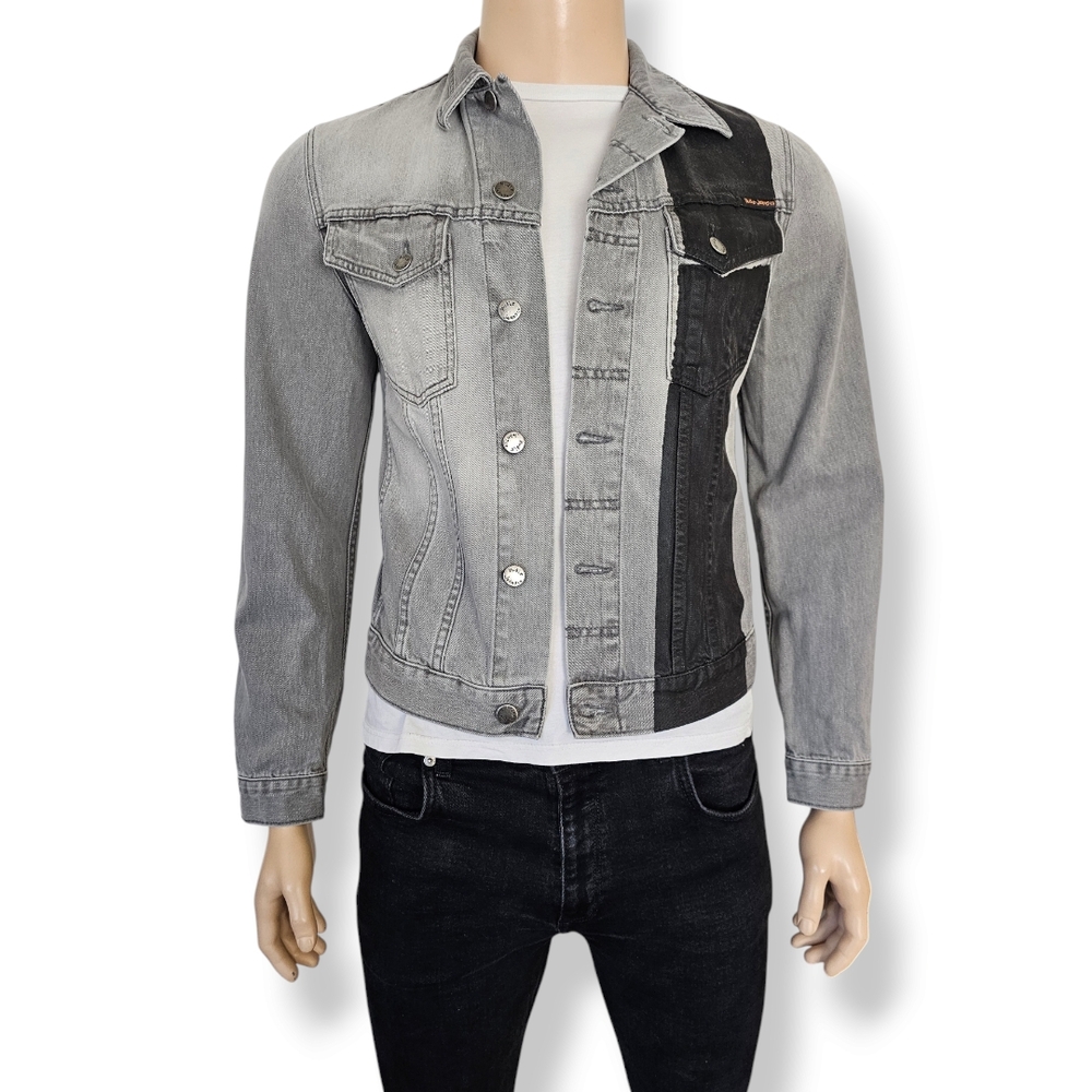 Nudie Jeans "Perry" Gray & Black Stripe Slim Fit Denim Jacket Size Medium